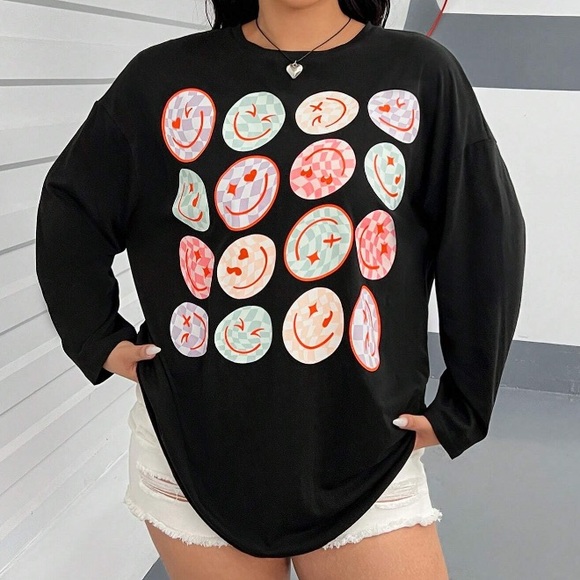 Checkered Happy Face Long Sleeve Tee - Picture 1 of 4